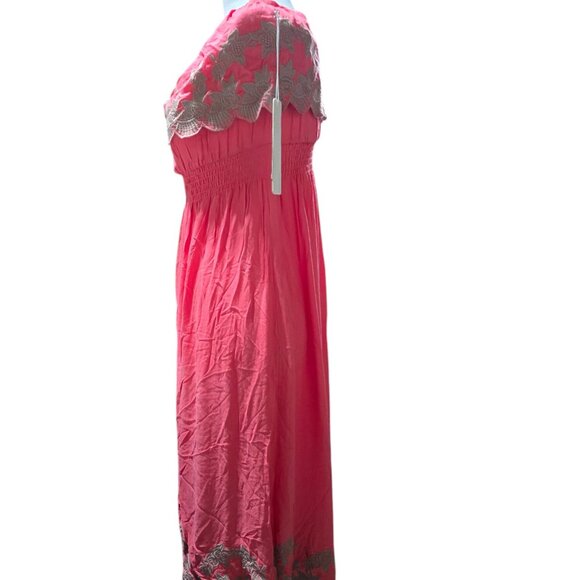 Line & Dot Summer Strapless Dress Peach With Beige Floral Embroidery - Picture 2 of 4